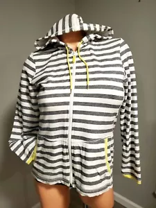 Women's Talbots Petite Medium Full Zip Up Hoodie White Navy Stripes Pockets NICE - Picture 1 of 7