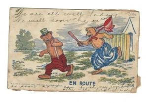 AK Antik "Unterwegs" Cartton Bären 1907 gestempelt Komödie Humor - Bild 1 von 2