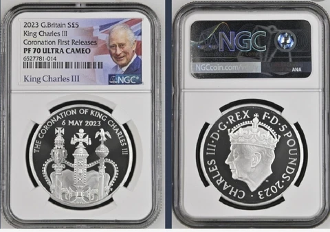 2023 UK S£5 KING CHARLES III CORONATION NGC PF70 FR OFFICIAL CORONATION COIN Cover