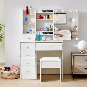 Led Lighted Vanity Set with Sliding Mirror Makeup Dressing Table Drawers Cabinet - Picture 1 of 9