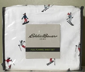 Eddie Bauer 100% Cotton Soft Flannel FULL Sheet Set White Snow Skiing ~ NEW - Picture 1 of 2