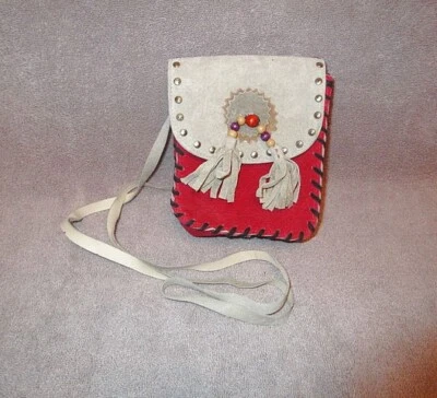 Native American Leather Medicine Bag Purse Beaded Amulet Crossbody Conchos - Image 1 of 4