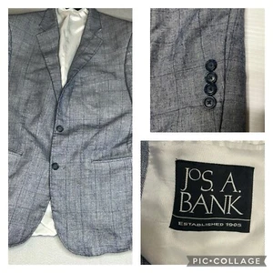 Jos A Bank Blazer Mens 40 L Blue Windowpane Silk Linen Wool Sport Coat 2 Button - Picture 1 of 13