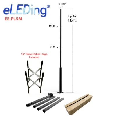 ELEDING 16 ft. Black Outdoor Universal Metal Light Post Pole w/ Metal Rebar Cage