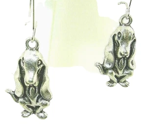 New Beautiful BASSET HOUND Puppy Dog Silver-tone Dangle Earrings 1-3/4" Long - Picture 1 of 3