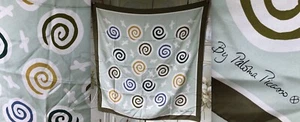 VTG PALOMA PICASSO Xs SWIRLS 100% SILK TWILL SCARF SEAFOAM GREEN BLUE OCHRE 34" - Picture 1 of 9