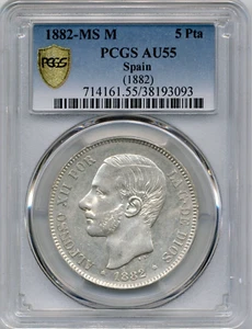 1882-MS M 5 Pesetas Spain, Alfonso XII, 3rd Portrait - PCGS AU 55 - Picture 1 of 3