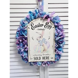 Hand Crafted Easter Bunny Egg Pastel Fabric Rag Wreath, Easter Egg Farms Sign - Picture 1 of 14