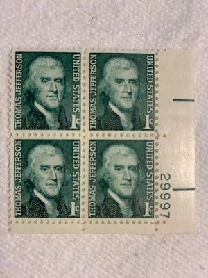 Thomas Jefferson 1 Cent Stamp PLATE BLOCK, Green, MNH - Image 1 of 2