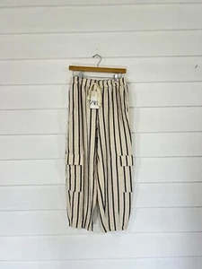 NEW ZARA WOMAN BEIGE STRIPED LINEN BLEND PANTS TROUSERS WAIST 24" SIZE M Y751 - Picture 1 of 16