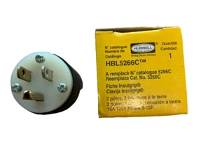 Enchufe de hoja recta HUBBELL HBL5266C: 5-15P, 15 A, 125 V AC, negro/blanco, 2 polos - Imagen 1 de 1