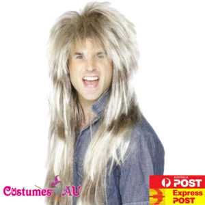 Mens 80s Mega Mullet Wig Costume Long Wig Blonde Brown 1980s Rock N Roll Rocker - Picture 1 of 2