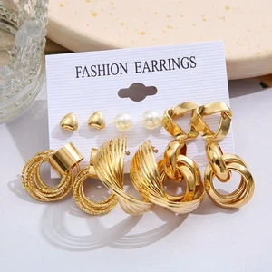 Orecchini oro moda set 6 pezzi geometrici stile punk metallo per donna - Foto 1 di 10