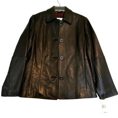 NUEVO CON ETIQUETAS Chaqueta de Cuero Suave Liz Claiborne Botón Delantero Negra Para Mujer AJUSTADA Mediana Foto 1 de 4