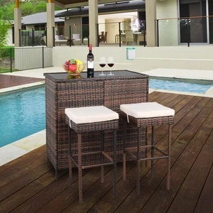 3PCS Patio Rattan Wicker Bar Table Stools Dining Set w/ White Cushioned Chairs - Picture 1 of 12