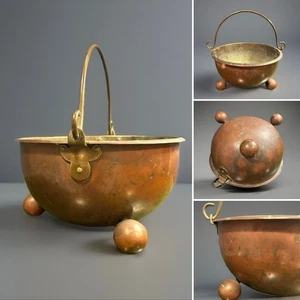 Superb Arts & Crafts Country House Copper & Brass Flower Plant Pot Tri Ball Feet - Picture 1 of 21