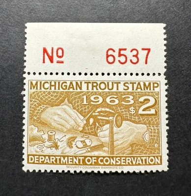 WTDstamps - 1963 MICHIGAN - State Trout Fishing Stamp - H in selvage, small tear - Image 1 of 2