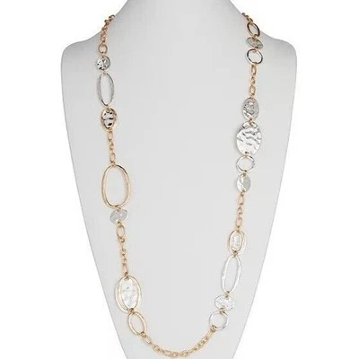 Collar Disco Martillado Tono Oro y Plata | Cadena Figaro Chic Brillante 43" Largo Nuevo con Etiquetas Foto 1 de 4