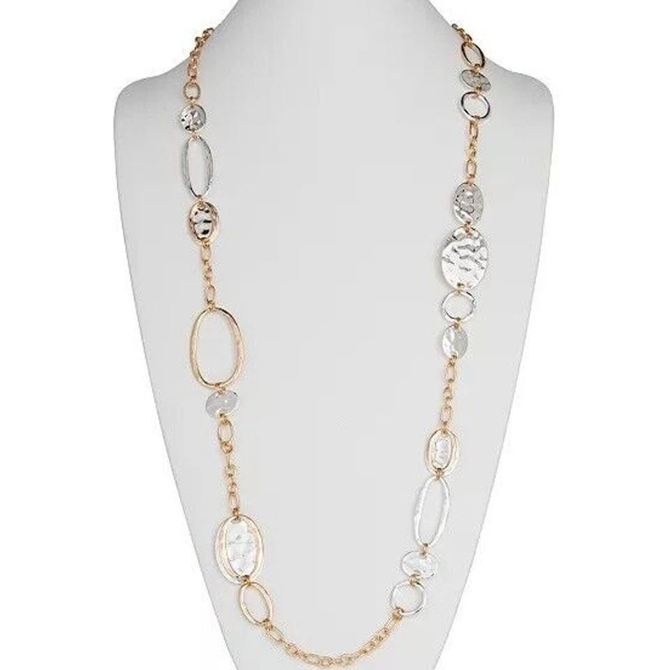 Collar Disco Martillado Tono Oro y Plata | Cadena Figaro Chic Brillante 43" Largo Nuevo con Etiquetas Foto 1 de 4