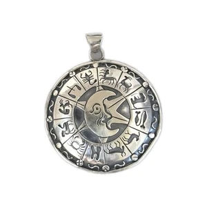 Vintage TAXCO Sterling Silver Domed Astrology Wheel Pendant 28G 3"x2.5" - Picture 1 of 4