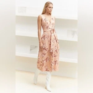 NWT Joie Ethelda Floral Linen Midi Dress Button Front Tie Waist Orange Blush L - Picture 1 of 16