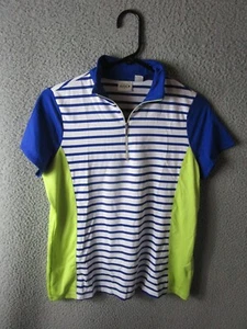 ZENERGY BY CHICO'S WOMEN'S GOLF SHIRT WHITE BLUE NEON SIZE 0 SMAL USED POLYESTER - Picture 1 of 3