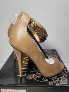 Liliana High Heels Taupe Brown Faux Leather Peep Toe Ankle Strap Size 7 - Picture 1 of 14