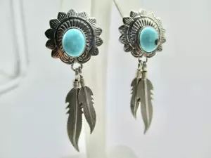6.3 GRAM NATIVE AMERICAN STERLING SILVER DANGLE TURQUOISE FEATHER EARRINGS - Picture 1 of 5
