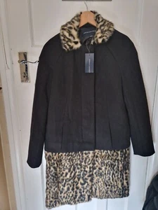 French Connection Black and Leopard Longline Wool Blend Coat Size 10 BNWT - Picture 1 of 4