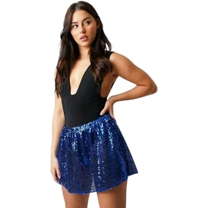 Blue Sequin Micro Mini Skirt Sparkle Clubwear Elastic Waist UK 6–24 - Picture 1 of 7