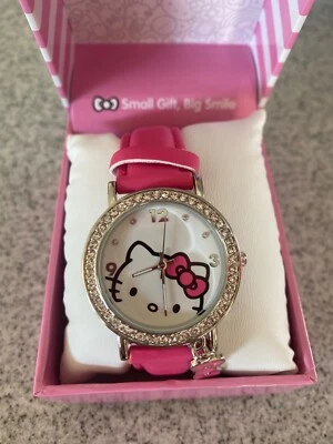 Hello Kitty Watch Silver Crystal Bezel Pink Bow Charm Leather Strap - Image 1 of 4
