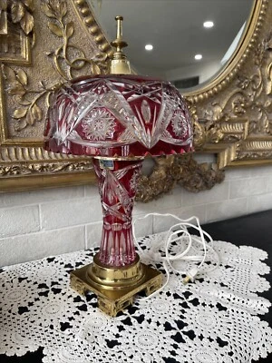 VINTAGE DRESDEN BY PECK BOHEMIAN CUT TO CLEAR CRANBERRY GLASS CRYSTAL LAMP - Image 1 of 4