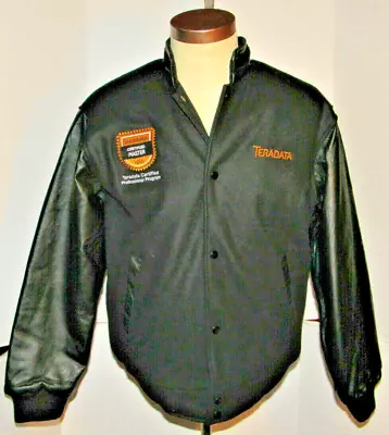 TERADATA 'CERTIFIED MASTER' BLACK WOOL VARSITY JACKET! LEATHER SLEEVES! NWT! S - Image 1 of 4