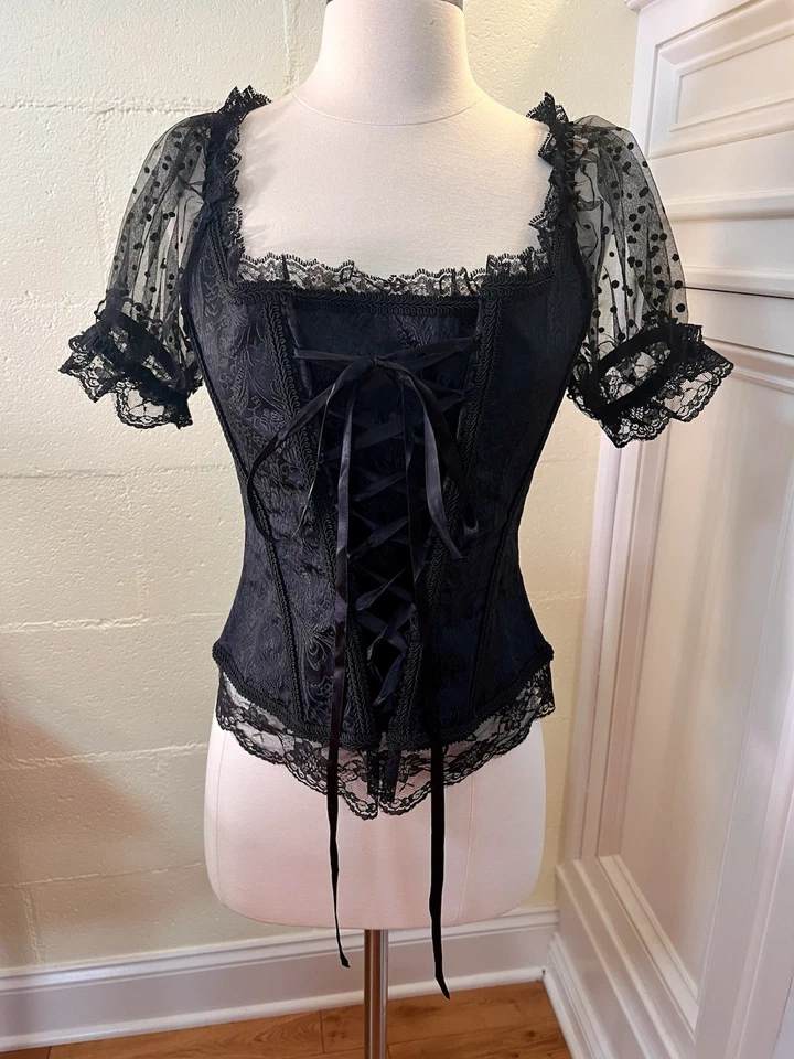 Adore Me Black Lace Corset Size XL Polka Dot Sheer Sleeves Quick Zip Back - Image 1 of 4