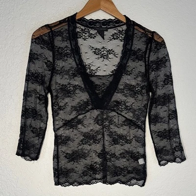 The Limited Black Lace Sheer Top Y2K Goth Witchy Grunge Nylon Babydoll - Image 1 of 4