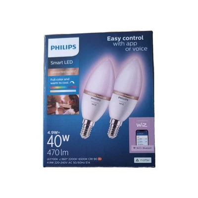 Philips Wiz E14 Smart LED Wi-Fi Candle 4,9W =40W - Pack of 2, New - Image 1 of 4