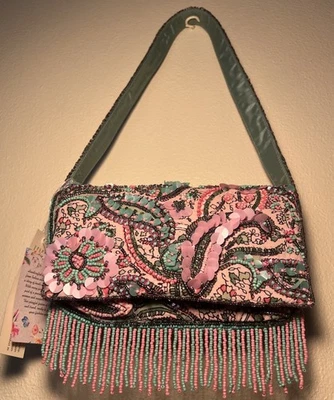 Bolso pequeño con flecos con cuentas hecho a mano en la India rosa verde aguamarina nuevo con etiquetas Foto 1 de 4
