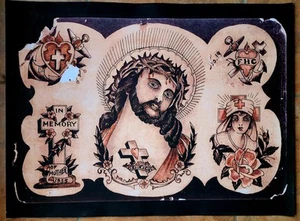 Antiguo tatuaje arte popular jesús relacionado con el azar dom años 20 flash impresión giclee 18x24 - Imagen 1 de 2