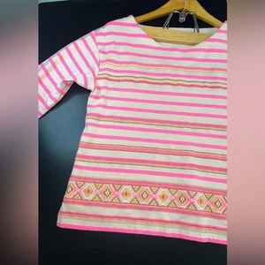 J. Crew Stitchwork Stripe Top Pink Neon Embroidered 3/4 Sleeve Top Size M NWOT - Picture 1 of 9