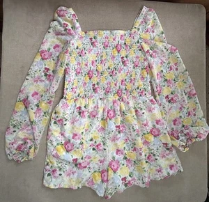 Janie and Jack Smocked Romper The Emma Long Sleeve Floral Girls Size 16 - Picture 1 of 11