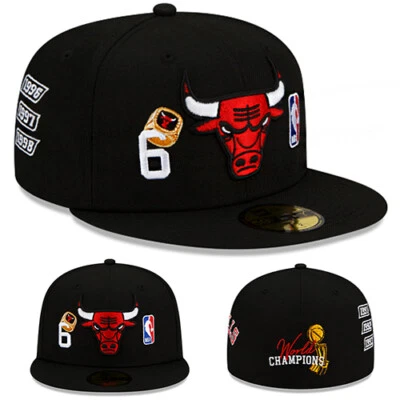 New Era Los Chicago Bulls Black Fitted Hat NBA 6X Champions Ring Patches Cap - Image 1 of 4