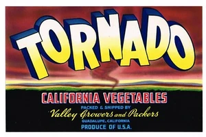 ORIGINAL KISTENETIKETT VINTAGE TORNADO CALIFORNIA WERBUNG 7X5" TWISTER 1940er - Bild 1 von 1