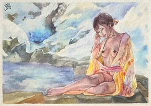 Female Girl Woman Watercolor Winter Landscape Original Painting Japanese Onsen - Picture 1 of 3