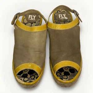 Fly London Pyle Wedges Pumps 37 6.5 Brown Suede Patent Mustard Peep Toe Buckles - Picture 1 of 8