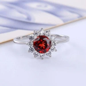Simulated Ruby CZ & White CZ Real 10K White Gold Halo Set Engagement Floral Ring - Picture 1 of 3