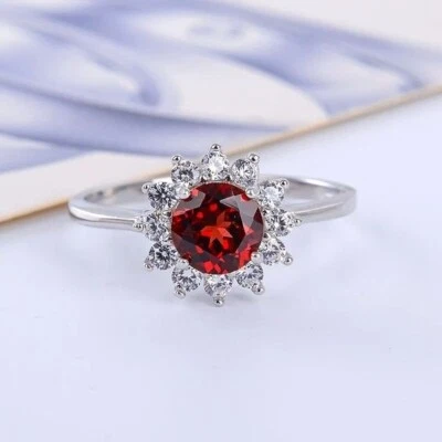 Simulated Ruby & Moissanite With Real 10K White Gold Halo Engagement Floral Ring - Image 1 of 3