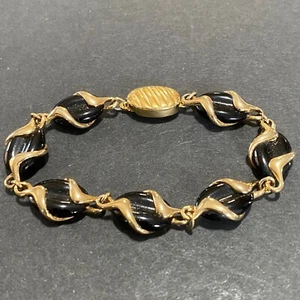 Bracciale Vintage Swarovski Swan Firmato Gripoix Nero Perline Piatte Oro Onda Design - Foto 1 di 16