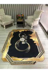 Floral Pattern Gold Chain Detailed Washable Non-Slip Base Decorative Carpet - Picture 1 of 4