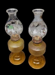 SET OF 2 VINTAGE AMBER TEXTURED OIL LAMPS WITH ETCHED HURRICANE SEE DESC - Picture 1 of 6