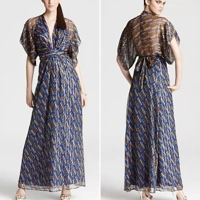 Issa London Metallic Chiffon Silk Maxi Dress Boho Luxe Deep V neck Blue print 2 - Image 1 of 4